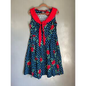 HEARTS & ROSES Women's 14 Polka Dot Rose Swing Midi Dress Rockabilly Retro 50's